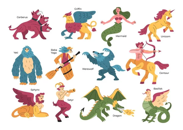 Mythical Creatures Flat Set Isolated Icons Fairy Tale Characters Text — Stock vektor