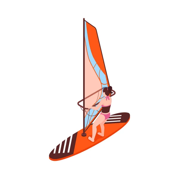Isometric Summer Water Sport Icon Windsurfing Woman Vector Illustration — Stok Vektör