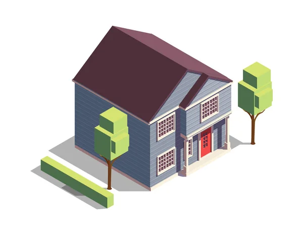 Isometric Wooden Suburban Residential Building Green Bushes Trees Vector Illustration — Image vectorielle