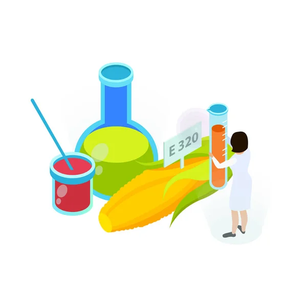 Isometric Artificial Food Icon Corn Flasks Laboratory Worker Vector Illustration — Image vectorielle