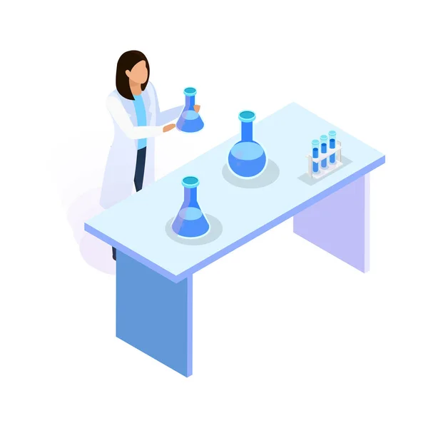 研究室で働く女性科学者との等方的水浄化アイコン3Dベクトルイラスト — ストックベクタ