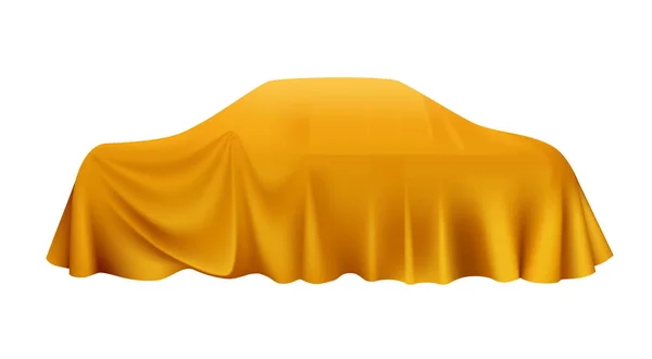 Realistic Car Covered Golden Cloth White Background Vector Illustration — стоковый вектор