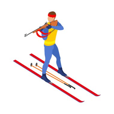Winter sports isometric icon with man doing biathlon 3d vector illustration