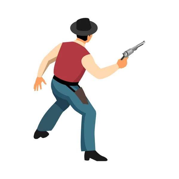 Isometric Male Character Cowboy Revolver Back View Vector Illustration — Stock Vector