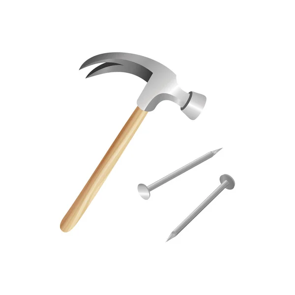 Realistic Hammer Two Nails Isolated White Background Vector Illustration — Stock vektor