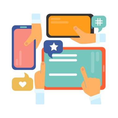 Social media flat concept with human hands chatting on electronic devices vector illustration