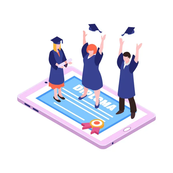 幸せな卒業生とタブレット画面上の卒業証書とオンライン教育アイソメトリックアイコン3Dベクトルイラスト — ストックベクタ