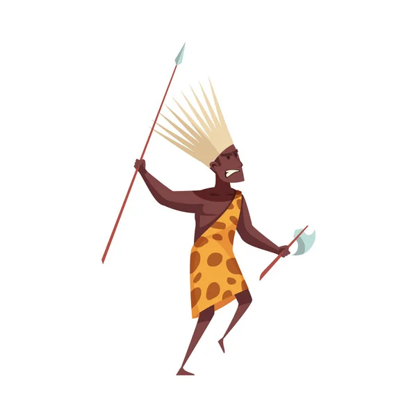 Ancient African Warrior Spear Axe Flat Vector Illustration —  Vetores de Stock
