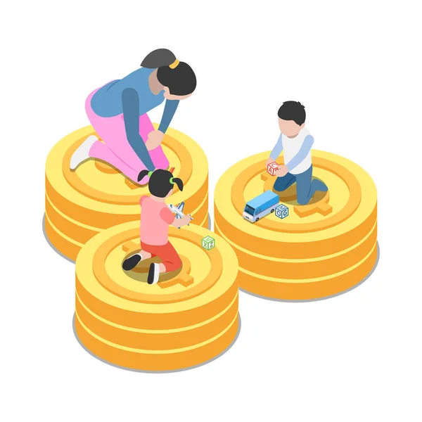 Social Security Isometric Icon Woman Children Coins Vector Illustration — Vector de stock
