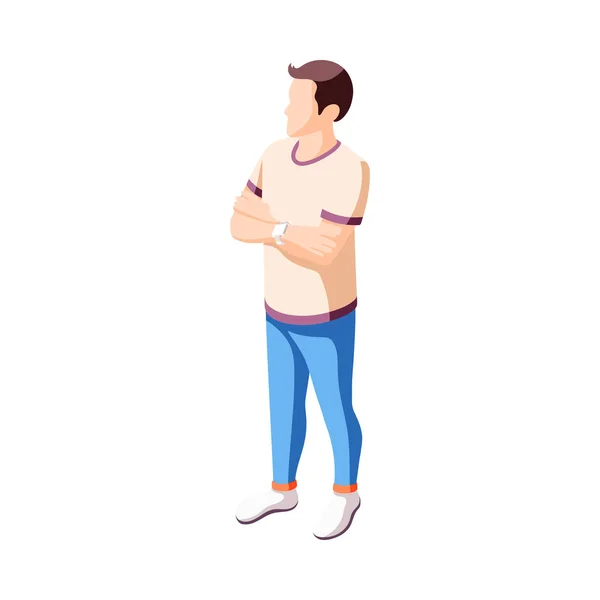 Isometric Young Man Character Wearing Smartwatch Vector Illustration — Image vectorielle