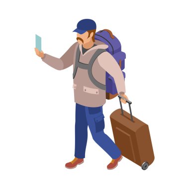 Isometric male passenger with backpack and suitcase holding card 3d vector illustration