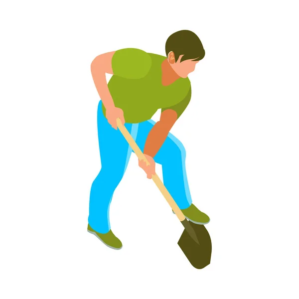 Isometric Gardener Working Shovel Vector Illustration — Διανυσματικό Αρχείο