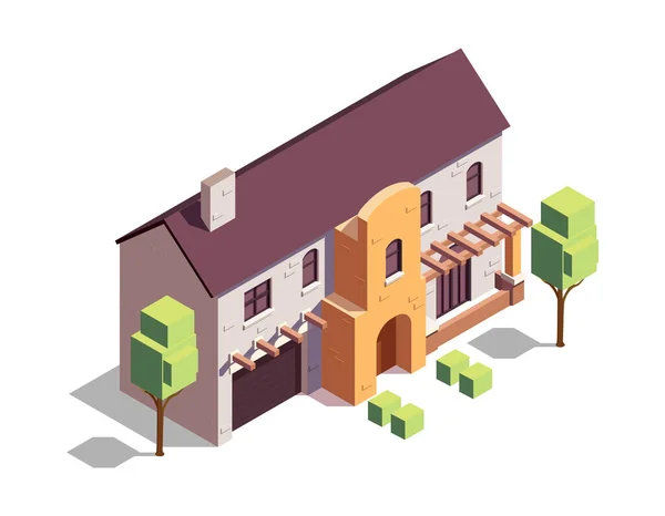 Suburban Private Brick Residential Building Garage Green Trees Isometric Vector — Stock Vector