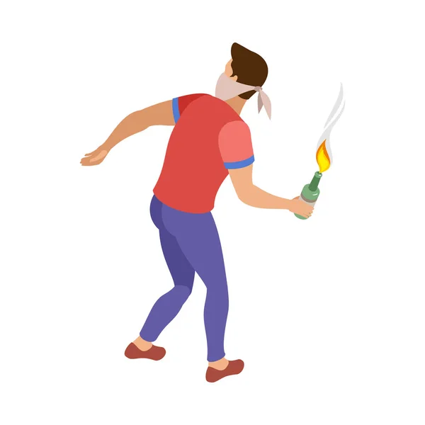 Isometric Male Activist Angry Protester Throwing Molotov Cocktail Vector Illustration — 图库矢量图片