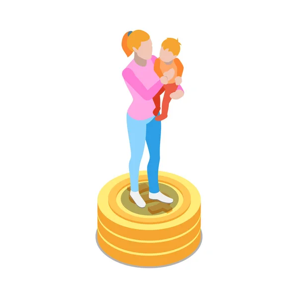 Social Security Isometric Icon Single Mum Stack Coins Vector Illustration — Vector de stock