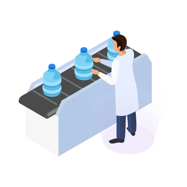 Water Purification Isometric Icon Worker Bottles Conveyor Line Vector Illustration — Vettoriale Stock
