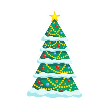 Beautifully decorated christmas tree with golden star covered with snow flat vector illustration