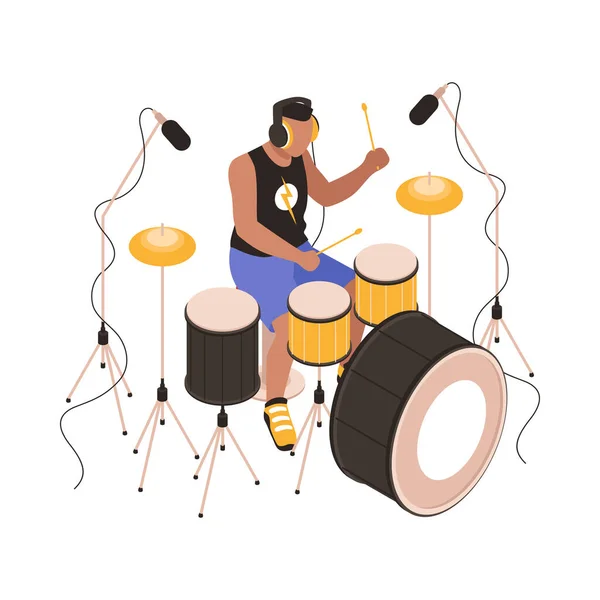 ドラムを演奏するヘッドフォンを身に着けているミュージシャン等角アイコン3Dベクトルイラスト — ストックベクタ
