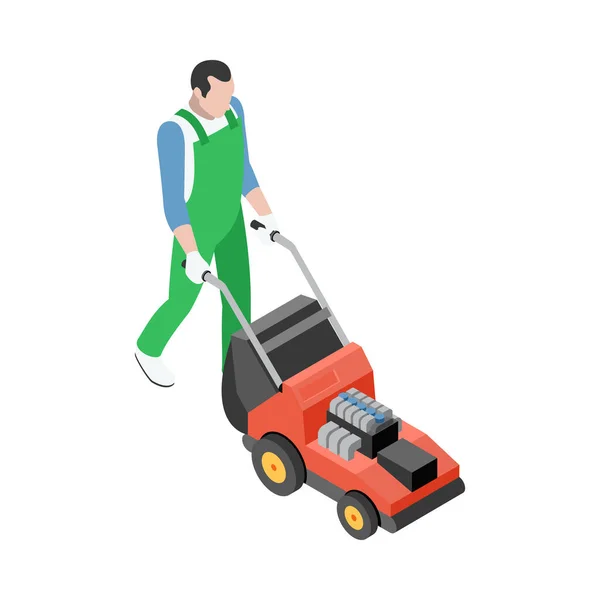 Isometric Gardener Uniform Lawn Mower Vector Illustration —  Vetores de Stock
