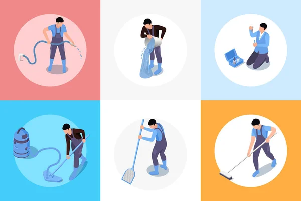 Swimming Pool Maintenance Service Isometric Compositions Set Characters Workers Pool — Stock Vector