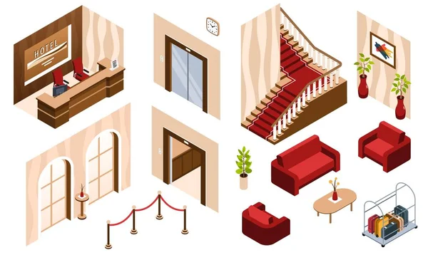 Isometric Hotel Lobby Reception Set Isolated Icons Furniture Walls Waiting — Vector de stock