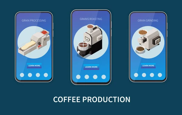 焙煎処理や研削ベクトルイラストに関する情報を持つ3つのスマートフォン画面のコーヒー生産等のアイソメトリックモバイルアプリセット — ストックベクタ