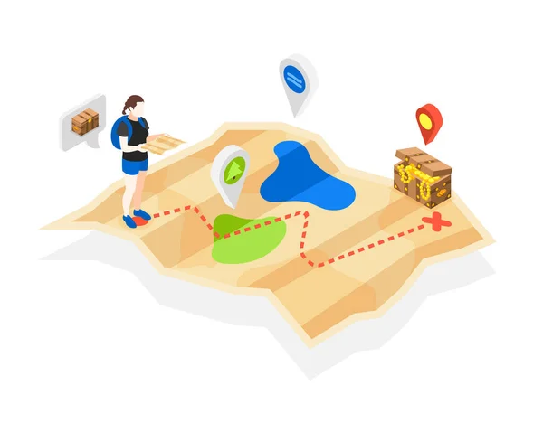 Treasure Quest Isometric Composition Folding Paper Map Location Signs Human — 图库矢量图片