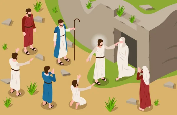 Jesus life background with resurrection and religion symbols isometric vector illustration