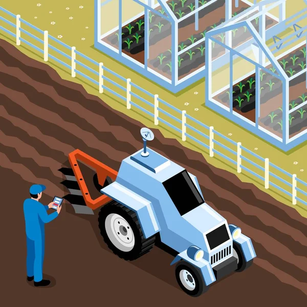 Isometric Smart Farm Composition Person Controls Tractor Smartphone Tablet Vector — Stockový vektor