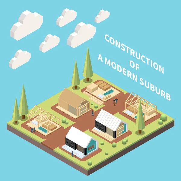 Modern Suburb Construction Isometric Concept Modular Frame Building Vector Illustration — Stockvector