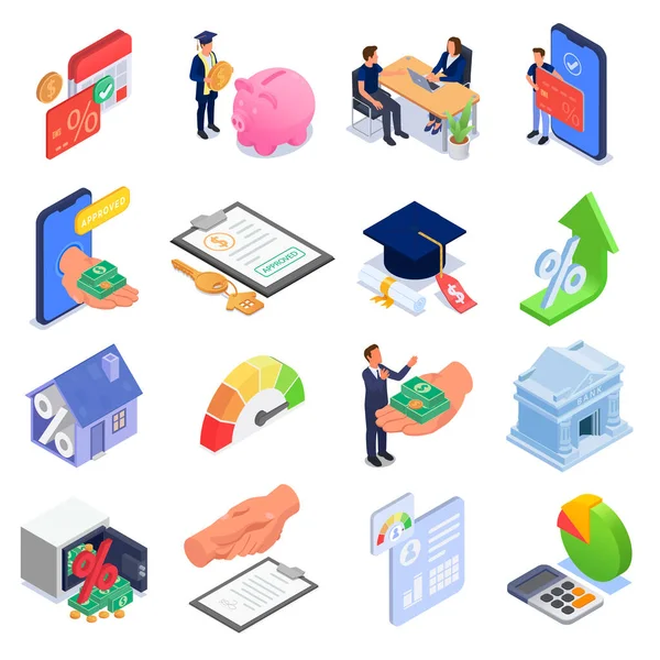 Bank Loan Interest Rate Mortgage Credit Isometric Icons Set Isolated — 图库矢量图片