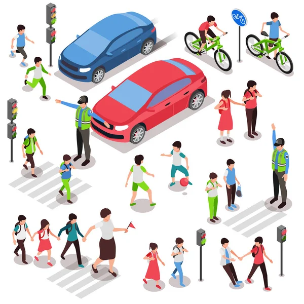 車や警官と自転車に乗って歩く等の人間のキャラクターで設定された子供の道路安全規則ベクトルイラスト — ストックベクタ