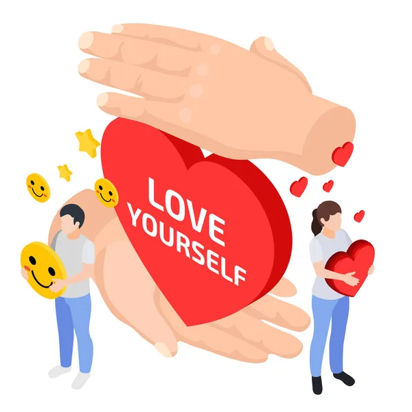 Self Esteem Improvement Isometric Composition Human Hands Holding Heart Characters — Stock vektor
