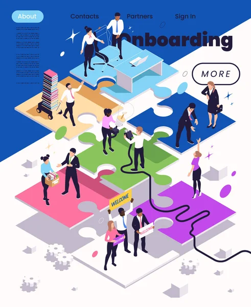 Onboarding Concept Isometric Web Page Staff Welcoming Helping New Employees — Διανυσματικό Αρχείο