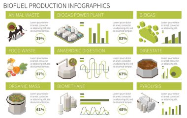 Isometric biofuel production horizontal infographics with animal waste anaerobic digestion biogas power plant percentage 3d vector illustration clipart
