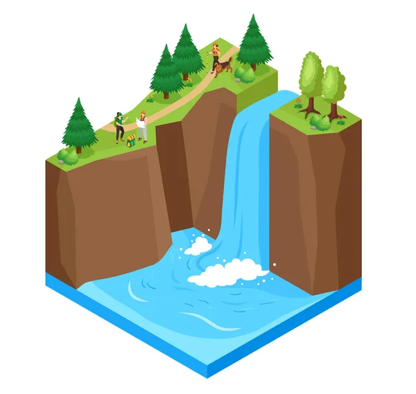 Waterfall Scenery Concept National Park Sight Symbols Isometric Vector Illustration —  Vetores de Stock