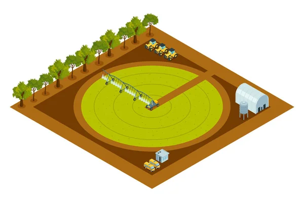 円形灌漑システム白い背景ベクトル図上に隔離されたフィールドに移動ホイール上のデバイスと等価組成 — ストックベクタ