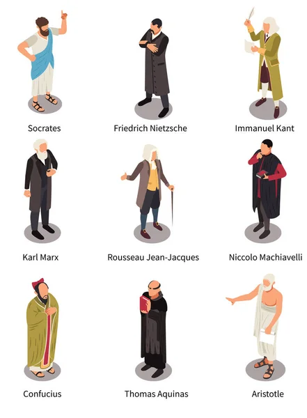 Famous Philosophers Isometric Set Nine Isolated Human Characters Ancient Vintage — Διανυσματικό Αρχείο