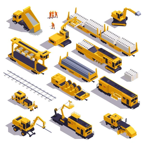 Isometric Set Railroad Track Laying Equipment Vehicles Construction Materials Workers — Διανυσματικό Αρχείο