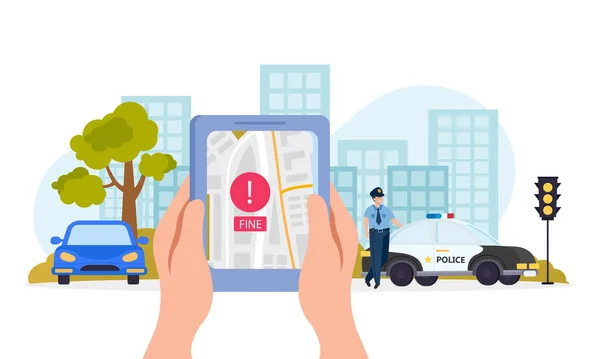Traffic Police Flat Colored Concept Tablet Hand Parking App Fine — Vetor de Stock