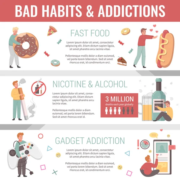 Bad Habits Infographics Set Unhealthy Addictions Cartoon Symbols Vector Illustration — Stock Vector