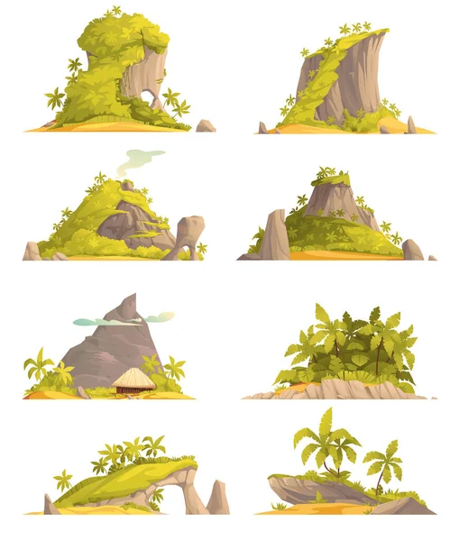 stock vector Tropical island cartoon icons set with rocky forest isolated vector illustration