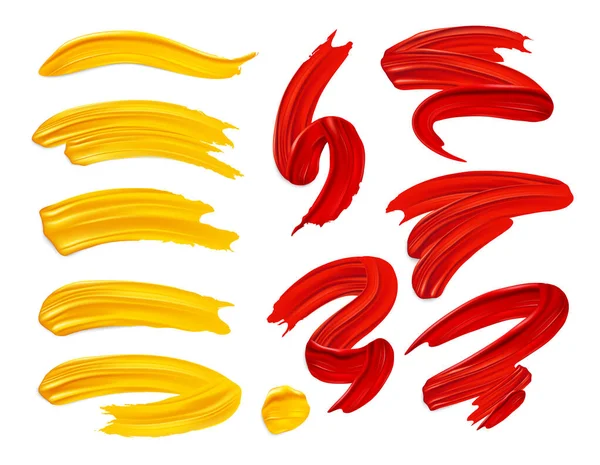 Realistic Brush Strokes Set Yellow Red Curves Painted Oil Isolated — Vector de stock