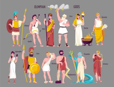 Olympian gods flat icon set with athena appolo hera zeus hestia demeter aphrodite ares hermes hephaestus poseidon artemis figures vector illustration