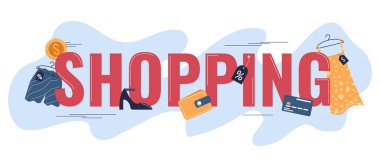 Shopping people composition of text surrounded by flat icons of clothes with wallet card and coin vector illustration