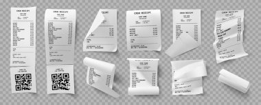 Realistic cash receipt set with transparent background and isolated images of classic monochrome paper payment cheque vector illustration