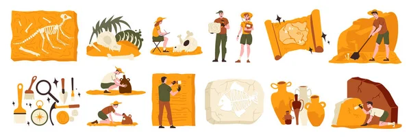 Archeology Set Isolated Compositions Icons Tools Bone Remains Ancient Findings — Stok Vektör