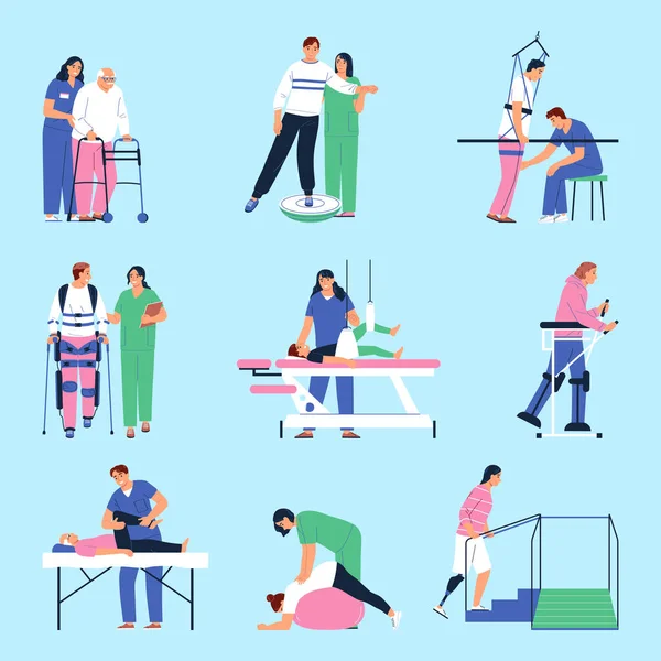 Physiotherapy Flat Icons Set Injured People Medical Professionals Isolated Vector — Stok Vektör