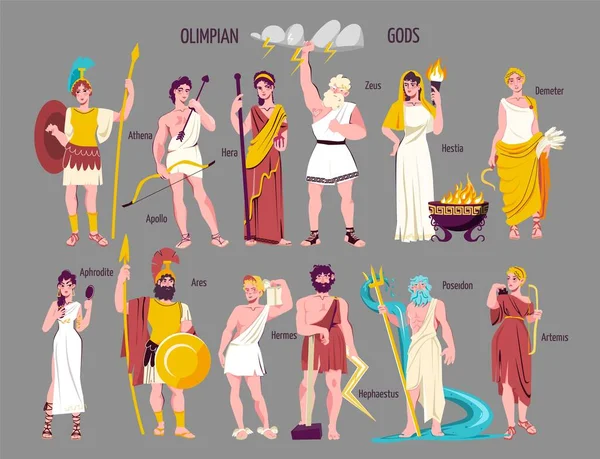 Олимпийские Боги Плоская Икона Набор Athena Appolo Hera Zeus Hestia — стоковый вектор