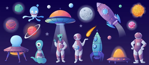 惑星の孤立したアイコンで設定された宇宙漫画はロケットとエイリアン宇宙飛行士の面白い文字を使用してベクトルイラスト — ストックベクタ